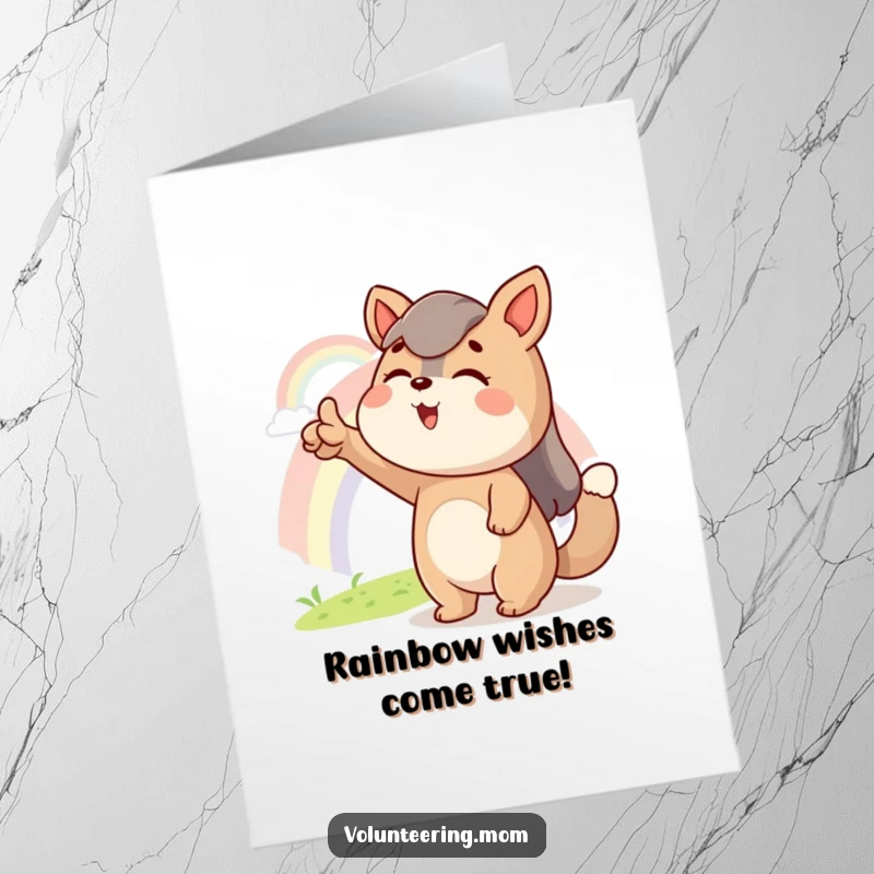Funny Free Printable Birthday Card: A Mom animal excitedly pointing towards a vibrant, distant rainbow, symbolizing hope.