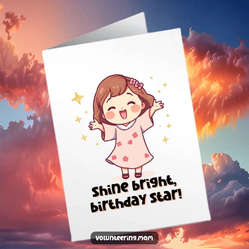 Funny Free Printable Birthday Card: Mom character dancing joyfully under shimmering glittery stars, pure birthday bliss.