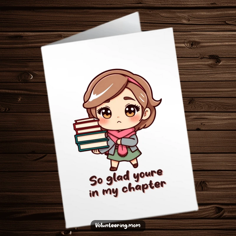 Funny Free Printable Birthday Card: Determined mom carrying a huge stack of books, ready to tackle anything.