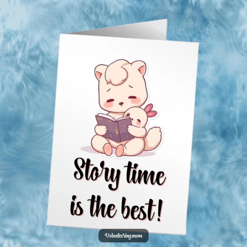 Funny Free Printable Birthday Card: A nurturing Mom animal engrossed in reading a book to a small, attentive creature.