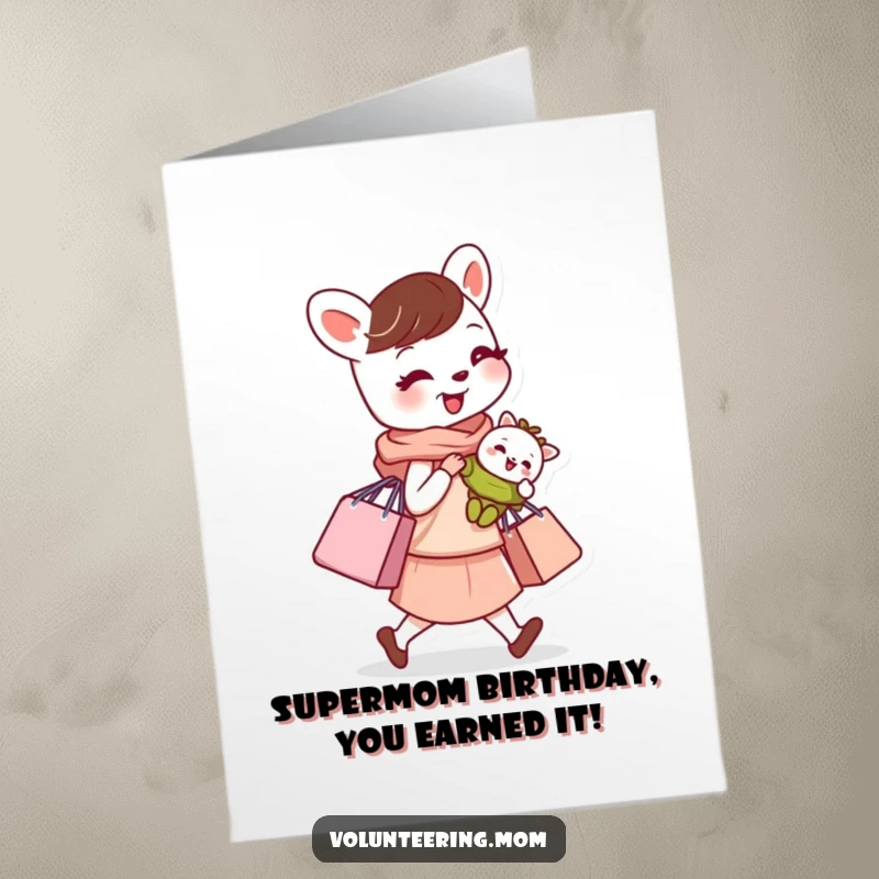 Free Printable Birthday Card: A determined Mom animal balances a baby and shopping bags, embodying multitasking motherhood humor.