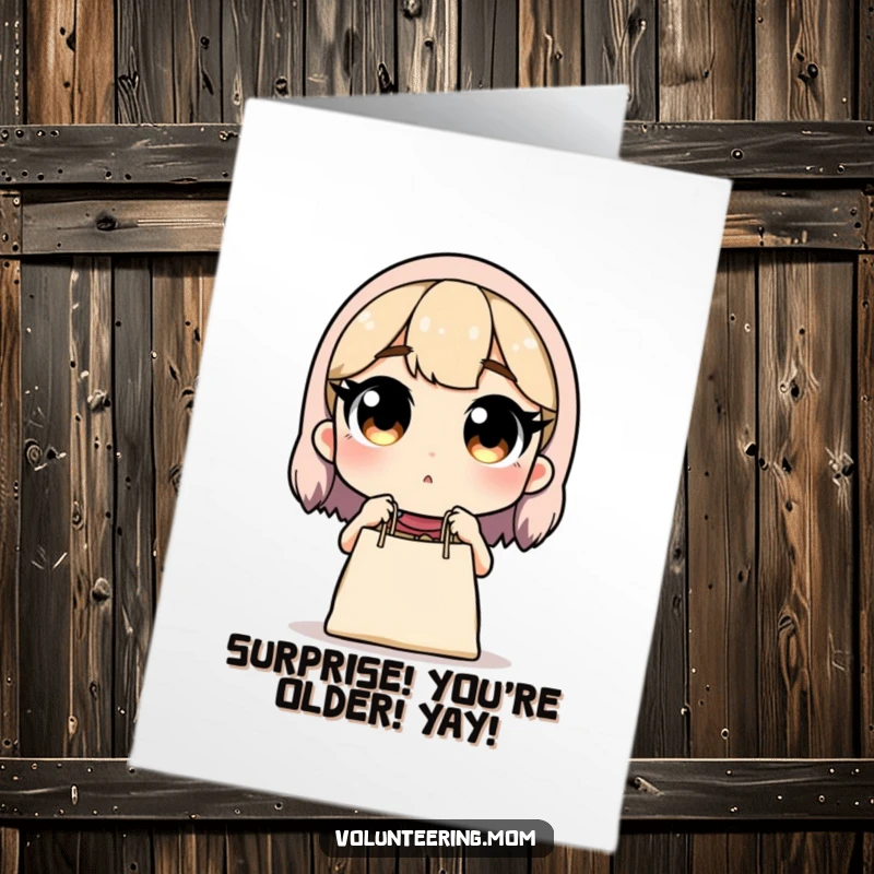 Funny Free Printable Birthday Card: Mom with wide eyes shocked at spilled groceries, a DIY present.