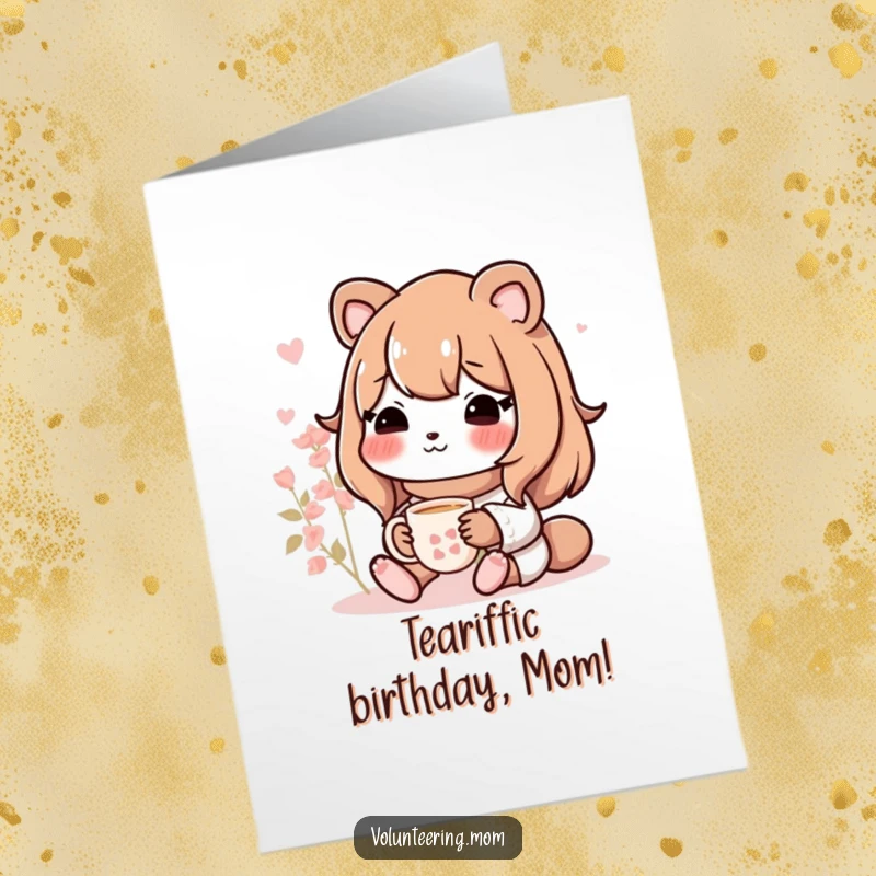 Funny free printable birthday card featuring a serene mom animal enjoying a cup of tea.