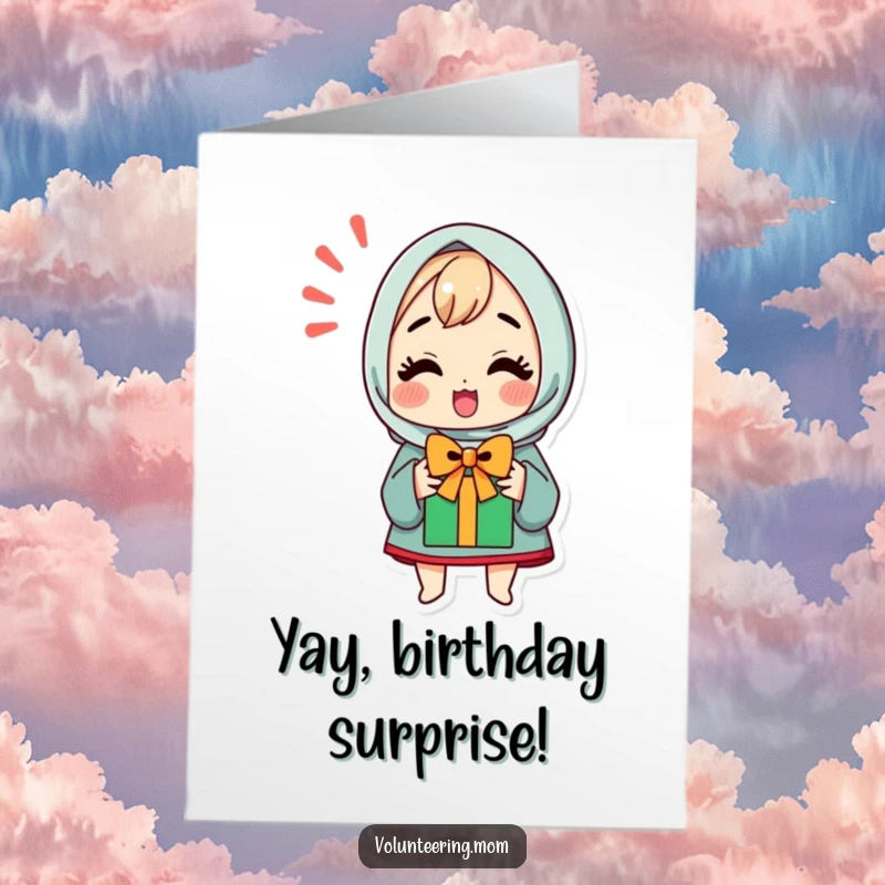 Funny Free Printable Birthday Card: Adorable kawaii mom character looking thrilled to receive a brightly wrapped gift.