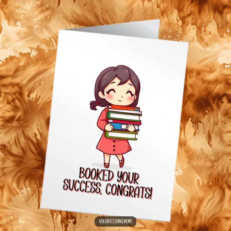 Funny Free Printable Congratulations Card: Mom balancing a huge stack of books, signifying a successful new endeavor.