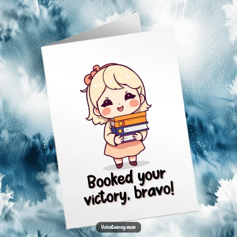 Funny Free Printable Congrats Card: Mom character beaming with pride, holding a tower of books, a symbol of her smarts.