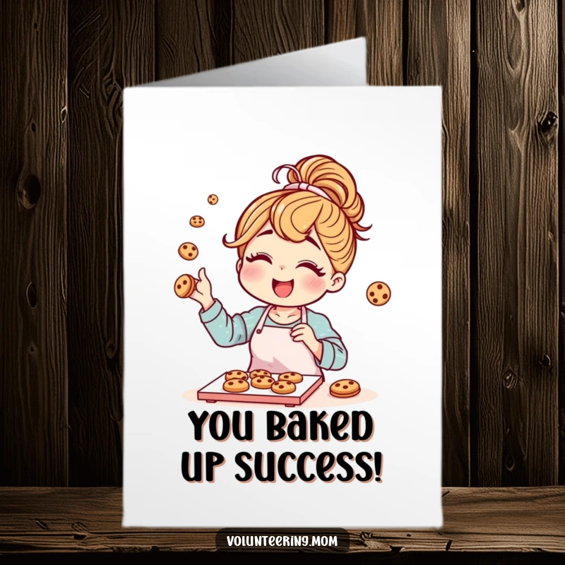 Free printable congratulations card featuring a mom with a messy bun joyfully baking cookies. Sweet and celebratory.