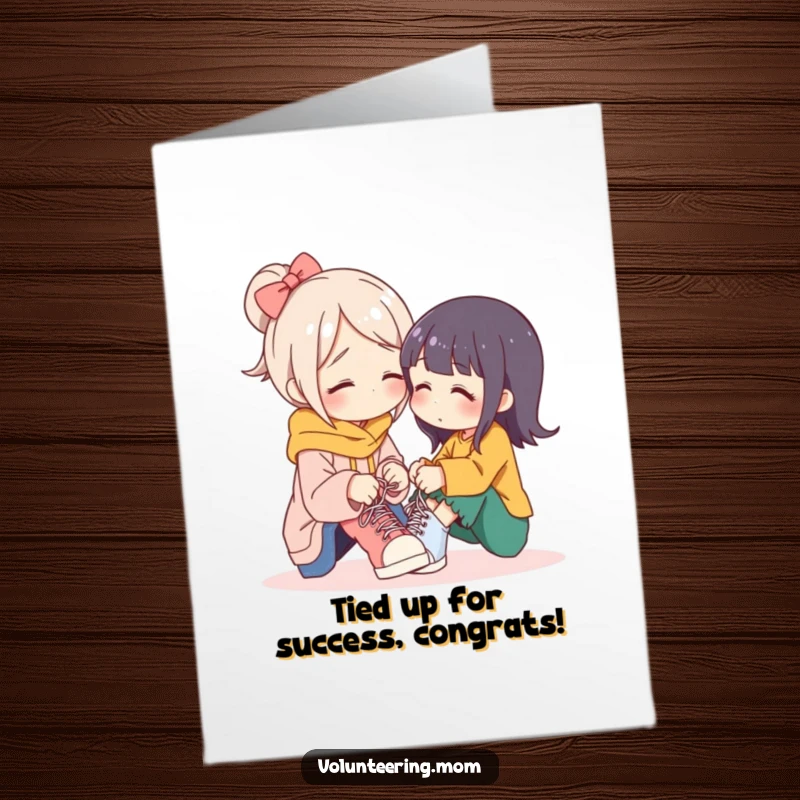 Sweet Free Printable Congratulations Card: Mom character gently assisting with shoelaces