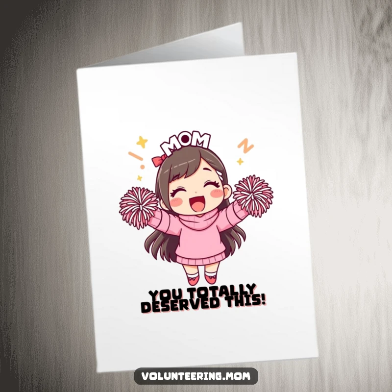 Funny Free Printable Congratulations Card: Mom character enthusiastically cheering with pom-poms, celebrating a major achievement with vibrant energy.