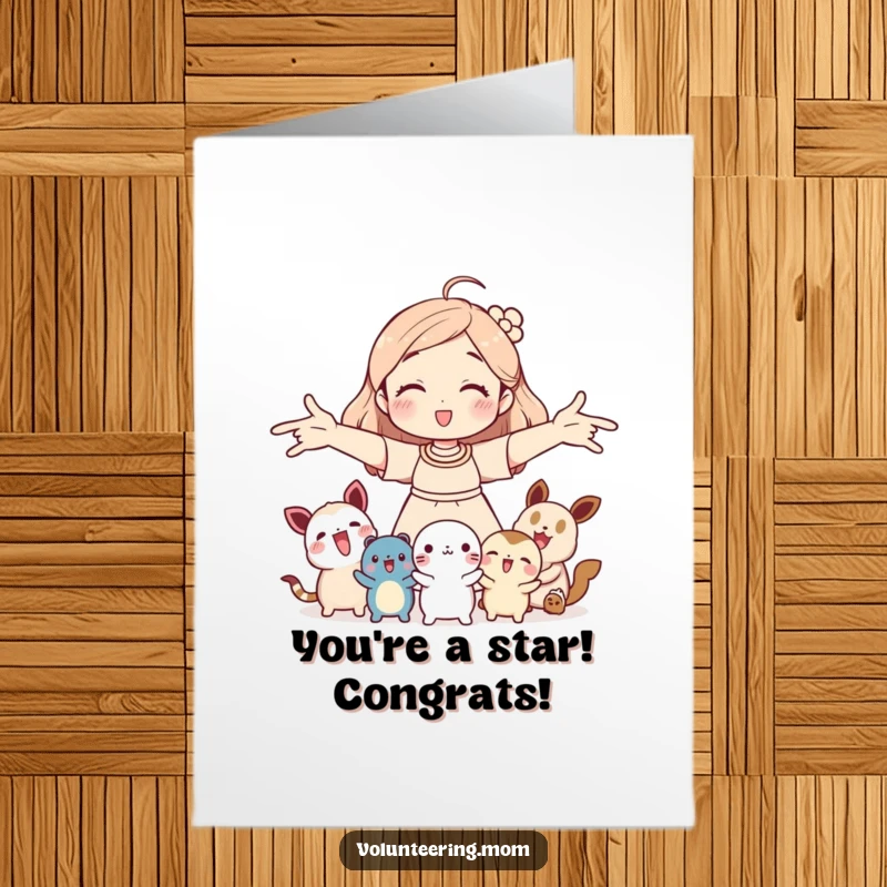 Funny Free Printable Congrats Card: Mom warmly welcoming assorted small creatures, a funny downloadable art.