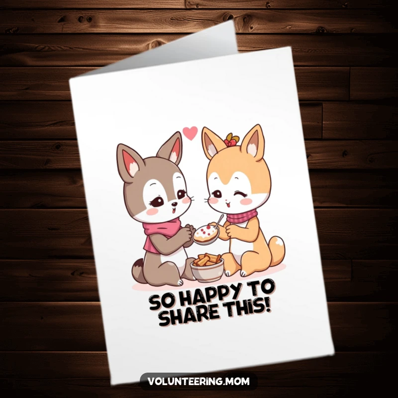 Free Printable Congratulations Card featuring a generous Kawaii mom animal character sharing food kindly with another.