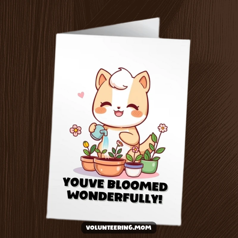 Funny Free Printable Congratulations Card with a kawaii mom animal character watering plants, symbolizing growth. A cheerful downloadable gift.