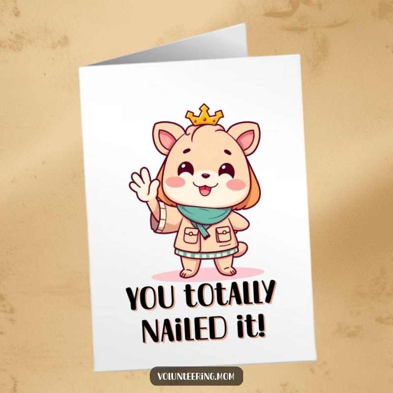 Funny free printable congratulations card showing a mom animal cheerfully directing traffic, symbolizing success.