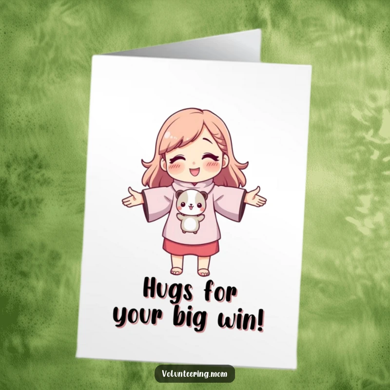 Funny Free Printable Congratulations Card showing a mom character offering a hug to a small animal. A warm and humorous downloadable gift.