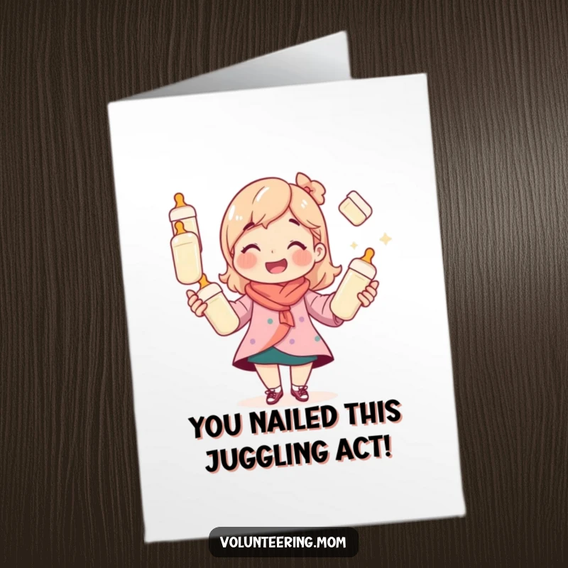 Funny Free Printable Congratulations Card: Cute mom character smiling while expertly juggling multiple baby bottles.