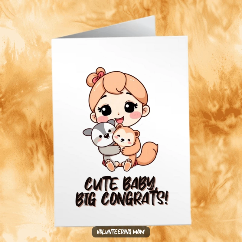 Free printable congratulations card featuring a kawaii mom character lovingly holding a cute baby animal. Sweet and tender.