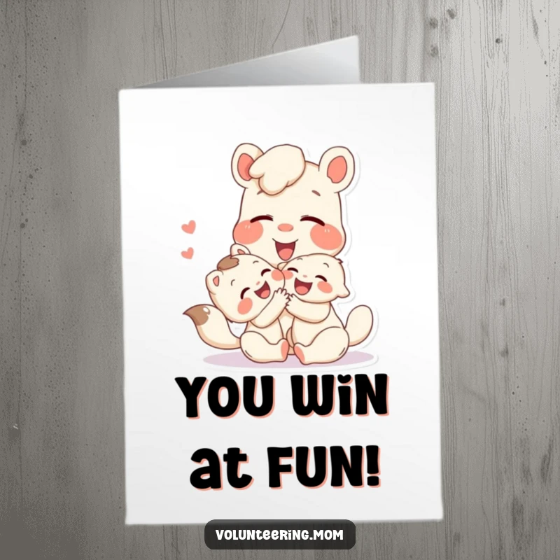 Funny Free Printable Congratulations Card: A Mom animal and child animal erupting in shared laughter while playing, radiating happiness.