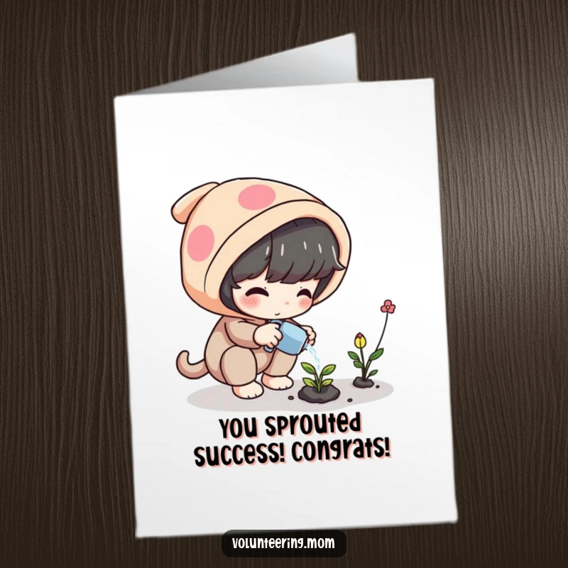 Funny Free Printable Congrats Card: Playful character diligently tending to a small, shimmering magical plant, fostering growth.