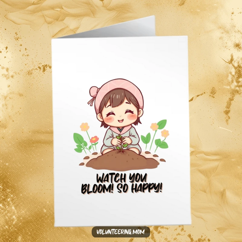 Free Printable Congrats Card: Mom with a hopeful smile plants a tiny seed, symbolizing new beginnings and future success.