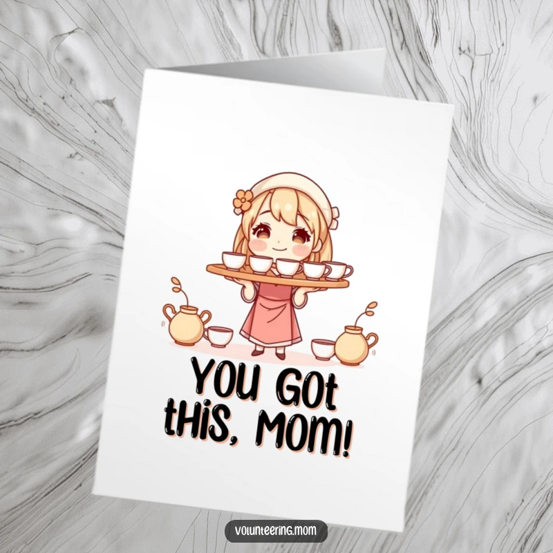Funny Free Printable Congratulations Card: A mom character balances a tray of steaming cups, celebrating a moment of deserved attention.