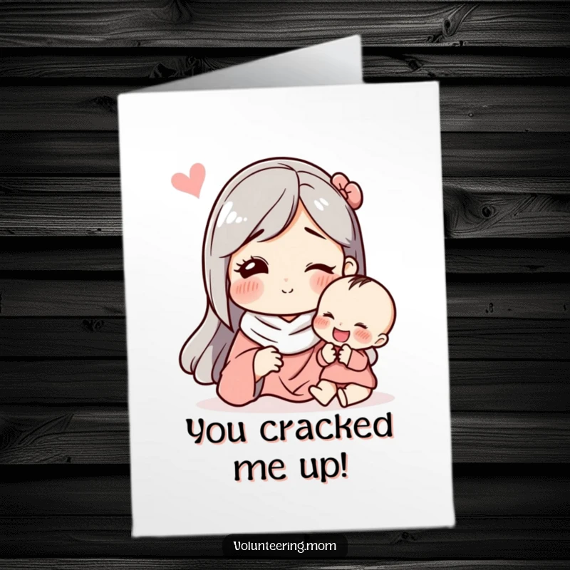 Funny Free Printable Congratulations Card: A mom pulling a silly face, her child laughing uncontrollably, celebrating a fun achievement.