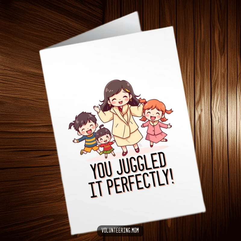 Funny Free Printable Congratulations Card: A smiling mom expertly juggles multiple children with ease.