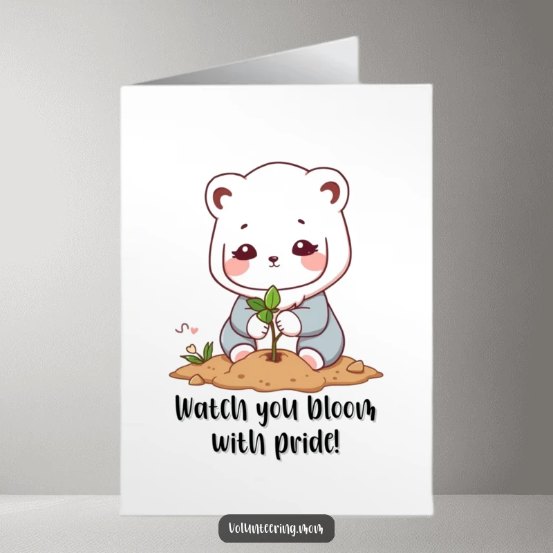 Free Printable Congratulations Card showing a caring Kawaii mom animal character planting a small sapling, symbolizing new growth.