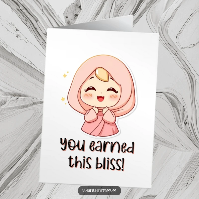 Funny Free Printable Congratulations Card: Mom in soft light, sighing happily to celebrate an achievement.