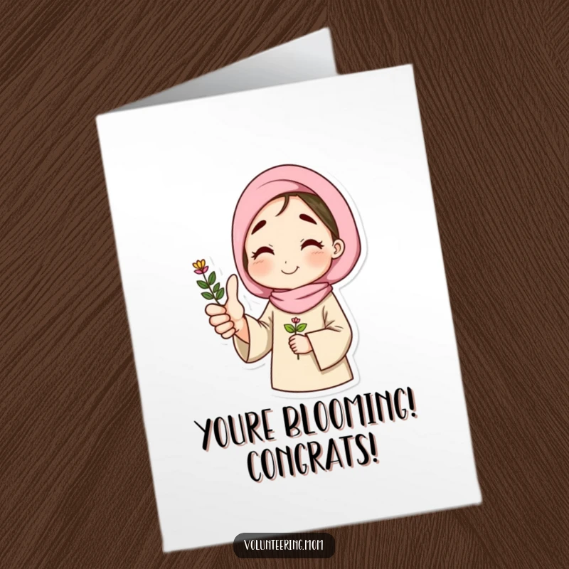 Funny Free Printable Congratulations Card: Mom giving a thumbs up holding a plant, celebrating success.