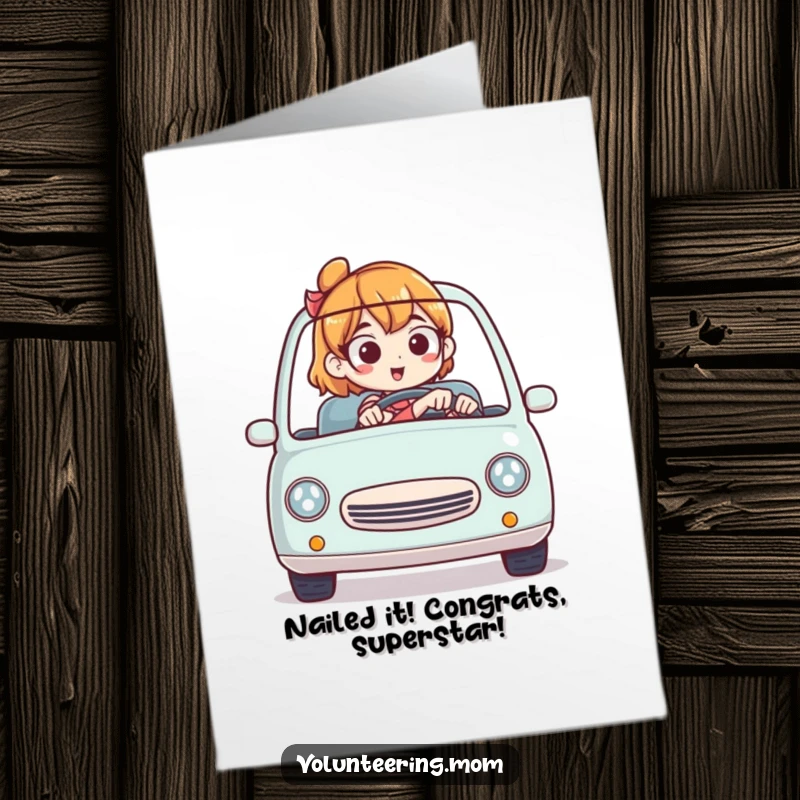 Funny Free Printable Congratulations Card: Mom behind the wheel of a tiny car, celebrating success.