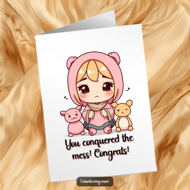 Funny Free Printable Congratulations Card: Mom triumphantly organizing toys, celebrating a big win.