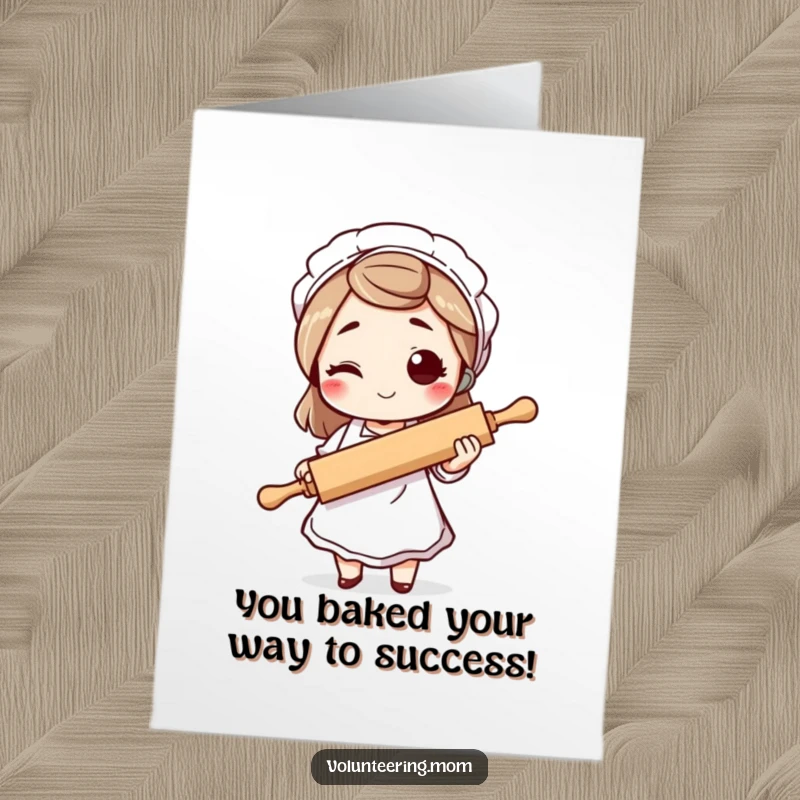 Funny Free Printable Congratulations Card: Mom character winking, apron on, rolling pin ready