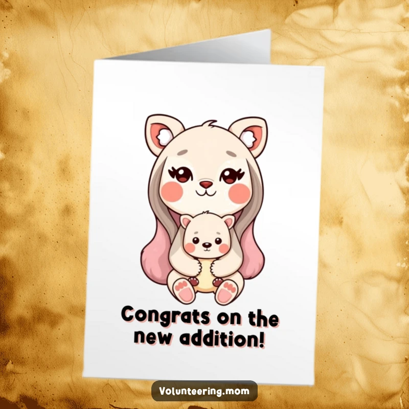 Funny Free Printable Kawaii Mom Animal Congrats Card: Sweet mom holding baby, celebrating new achievements with love.