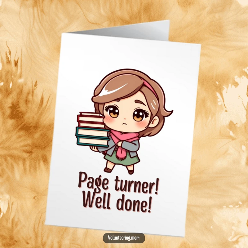 Funny Free Printable Congratulations Card: Mom character with a determined look, balancing a precarious stack of books.