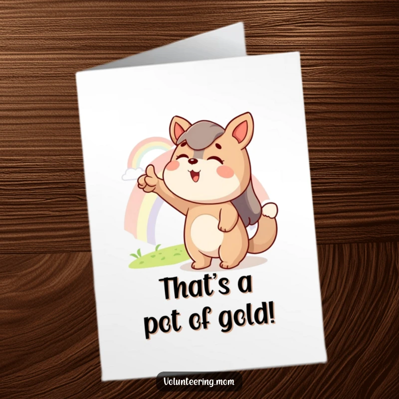 Funny Free Printable Congratulations Card: A Mom animal enthusiastically pointing at a distant, colorful rainbow, signifying good fortune.