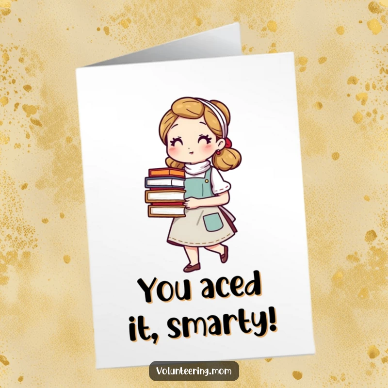Funny Free Printable Congratulations Card: A mom in an apron holds a stack of books, celebrating an achievement.