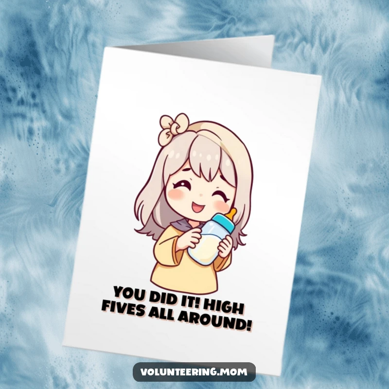 Funny Free Printable Congratulations Card: Mom character with a smile, holding and offering a baby bottle.