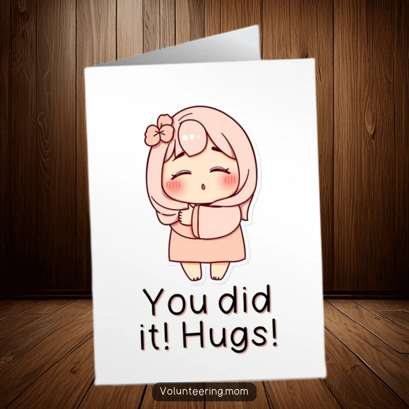 Funny free printable congratulations card showing a mom character embracing warmly with eyes closed in celebration.