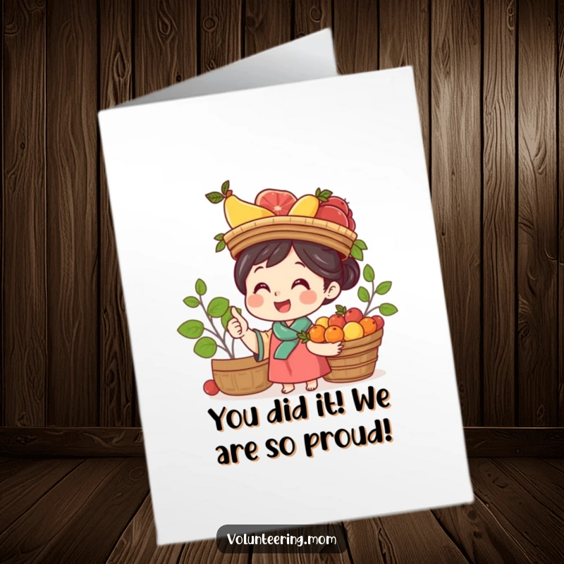 Funny Free Printable Congrats Card: Mom triumphantly balancing a fruit basket on her head, signifying a major success, with a proud smile.