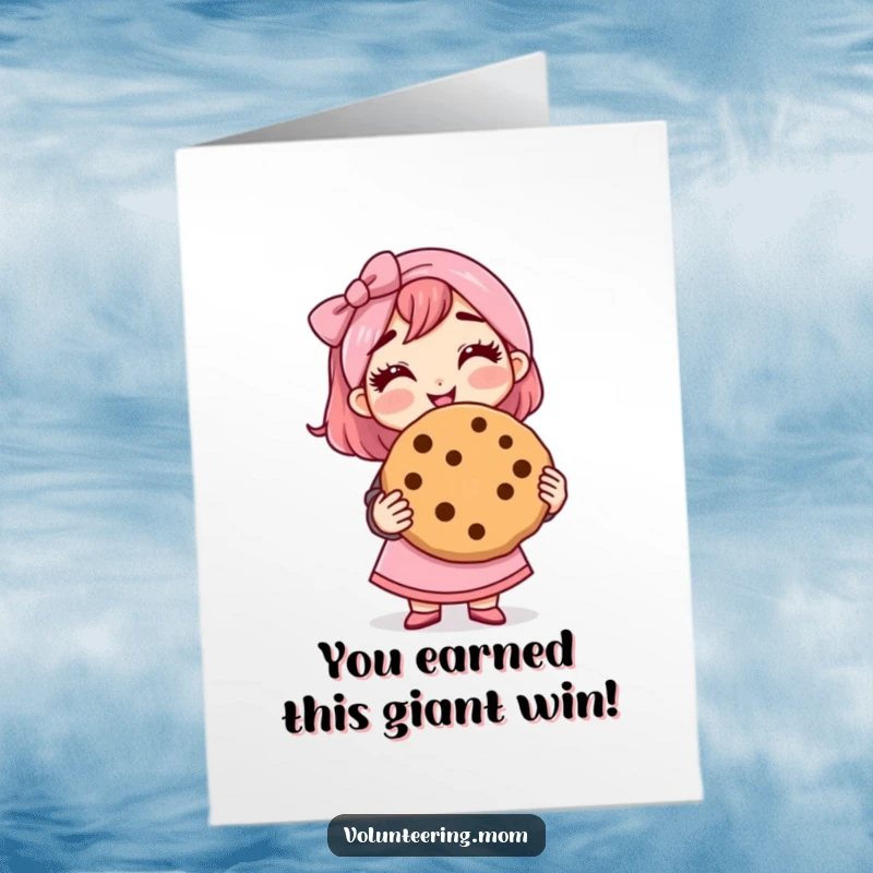 Funny Free Printable Congratulations Card: Cute mom character proudly holding a giant cookie, celebrating a significant achievement.