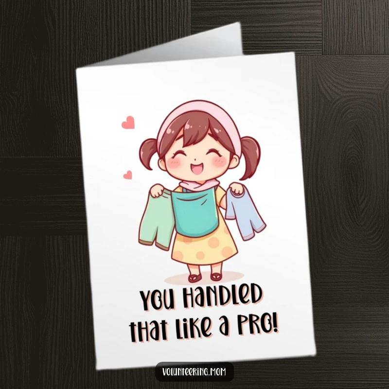 Funny Free Printable Congratulations Card showing a joyful mom carrying laundry, symbolizing triumph over chores with a happy hum.