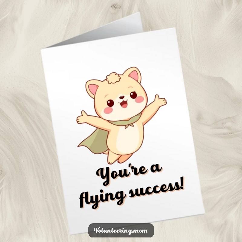 Funny Free Printable Congratulations Card: A Mom animal in a cape flies joyfully, arms outstretched, symbolizing success.