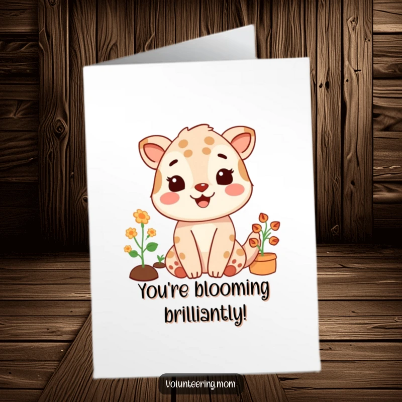 Funny Free Printable Congratulations Card: A contented Mom animal smiles widely while gardening, signifying a job well done.