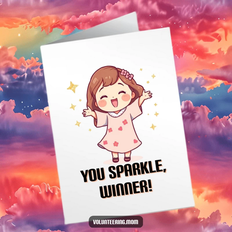 Funny Free Printable Congrats Card: Mom character doing a celebratory happy dance surrounded by sparkling stars.