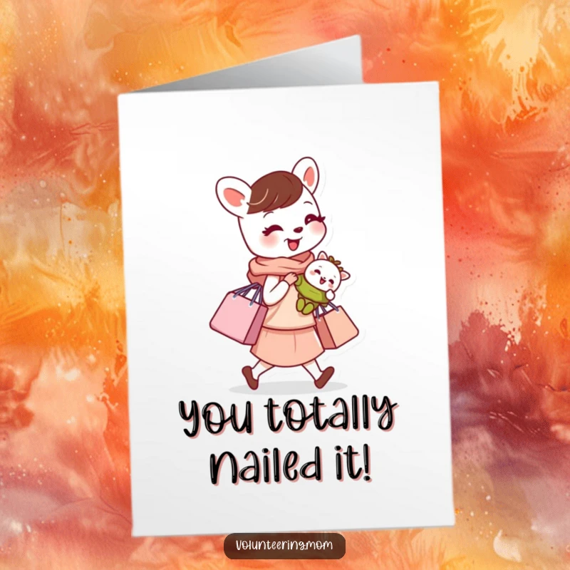 Funny Free Printable Congratulations Card: A capable Mom animal expertly carries a baby and shopping bag, a symbol of her busy life.