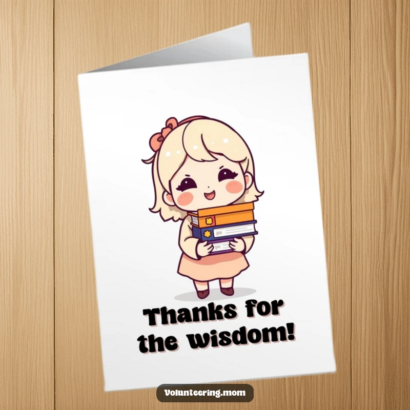 Funny Free Printable Thank You Card: Mom character with a stack of books and a knowing smile, sharing gratitude.
