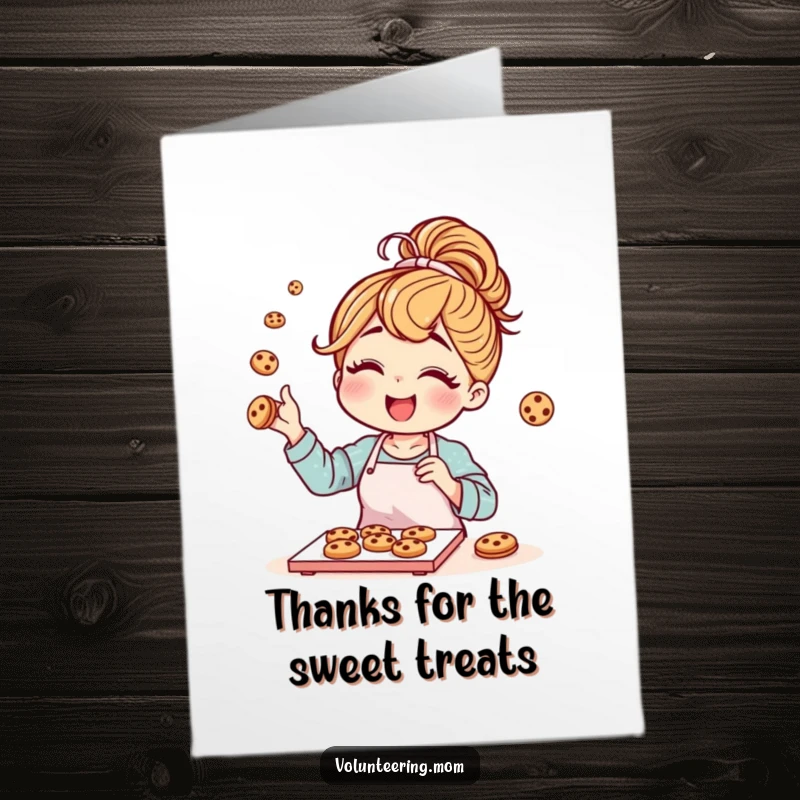 Funny free printable thank you card of a mom with a messy bun, happily baking cookies. Relatable and sweet.