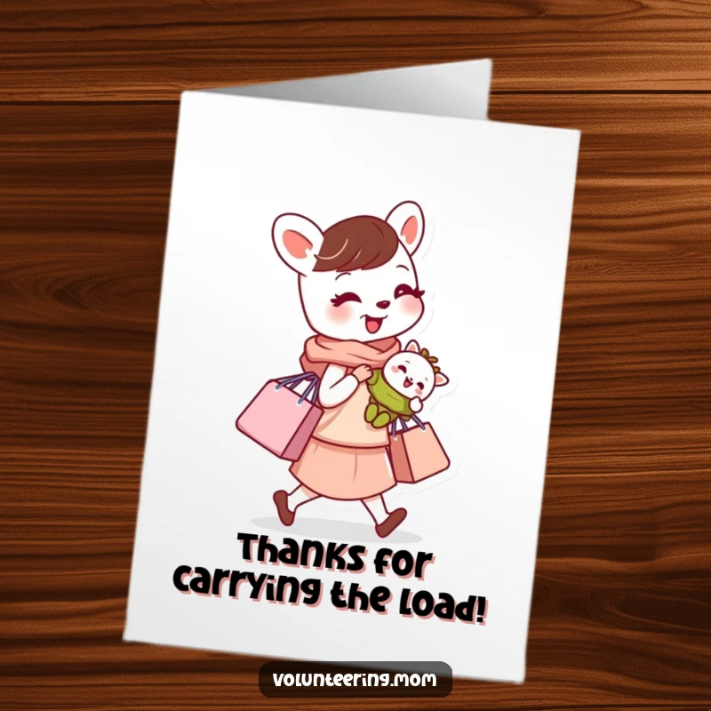 Free Printable Thank You Card: A strong Mom animal juggles a baby and shopping bags, a humorous thank you for her hard work.