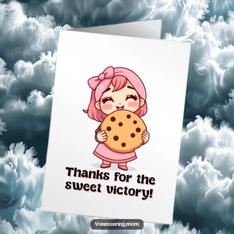 Funny Free Printable Thank You Card: Mom character proudly holding a giant cookie, expressing thanks with a proud grin.