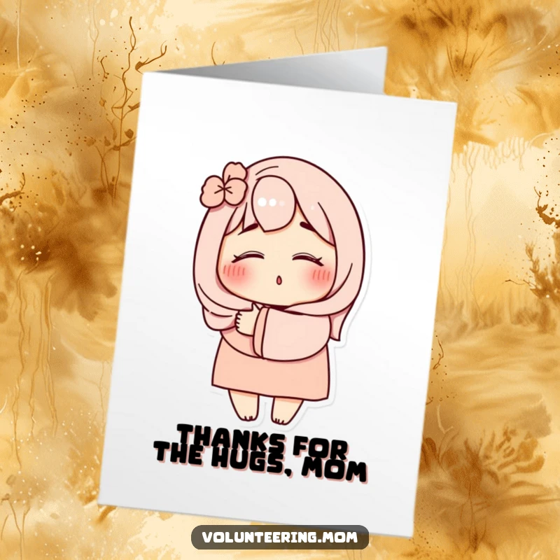 Funny free printable thank you card featuring a mom character giving a joyful, closed-eyed hug to express sincere appreciation.